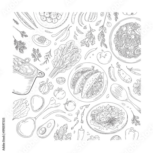 Hand drawn black and of various vegetables and dishes food