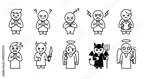 Collection of various human emotions and spiritual figures in simple line art.