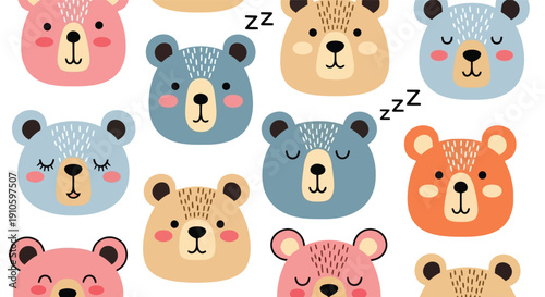 Cute cartoon bear faces in various colors and expressions.