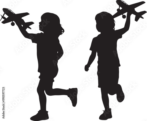 Children playfully reaching for toy airplanes a joyful childhood scene silhouette