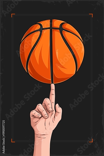 Dynamic illustration of a hand spinning a basketball on one finger, for March Madness event excitement and competitive college hoops energy