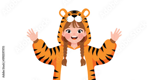 Cheerful girl with brown braids wearing a full body orange tiger kigurumi costume waving her hands against a white backdrop.