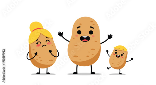 Cute family of three brown potato characters including a mother father and a happy child with arms raised in excitement.
