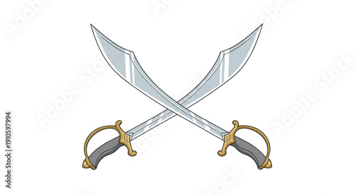 Pair of crossed middle eastern scimitar swords with curved silver blades and ornate gold and grey handles on white.