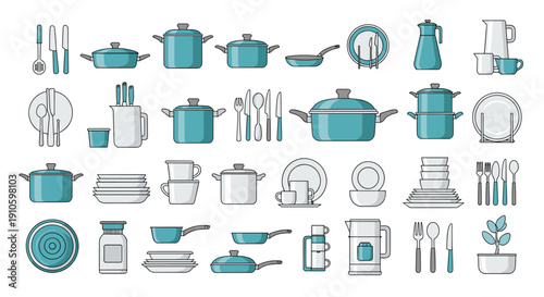 Extensive collection of various blue and white kitchen utensils cookware and dining accessories organized in a grid.