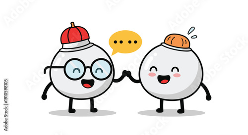Two round white bao bun characters wearing a red and orange hat while giving a high five and talking with a speech bubble.