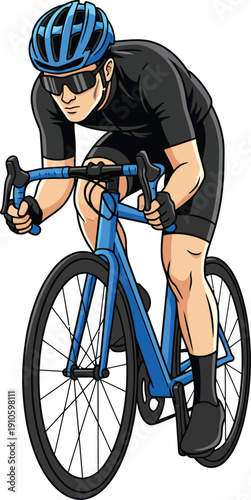 Dynamic comicstyle illustration of a male cyclist in black gear and blue helmet leaning forward on a blue road bike.