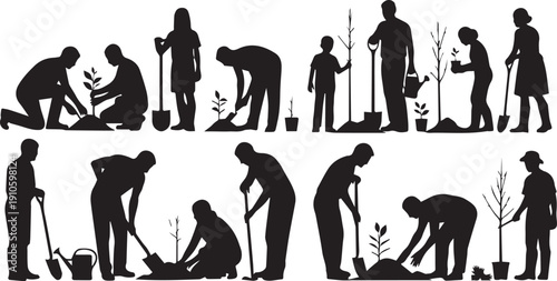 People planting trees silhouette vector illustration set showing community volunteer group