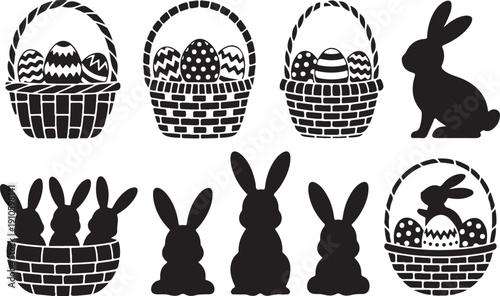 Collection of Easter baskets with eggs and bunny silhouettes in decorative black and white style for holiday design, illustration, and seasonal artwor