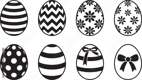 Collection of eight decorative easter egg silhouettes with various patterns isolated on transparent background
