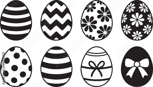 Collection of eight decorative easter egg silhouettes with various patterns isolated on transparent background