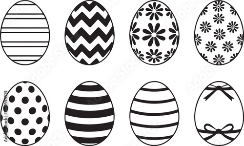 Collection of eight decorative easter egg silhouettes with various patterns isolated on transparent background