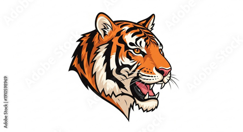 Fierce tiger head with open mouth and sharp teeth on white background symbolizing power and danger