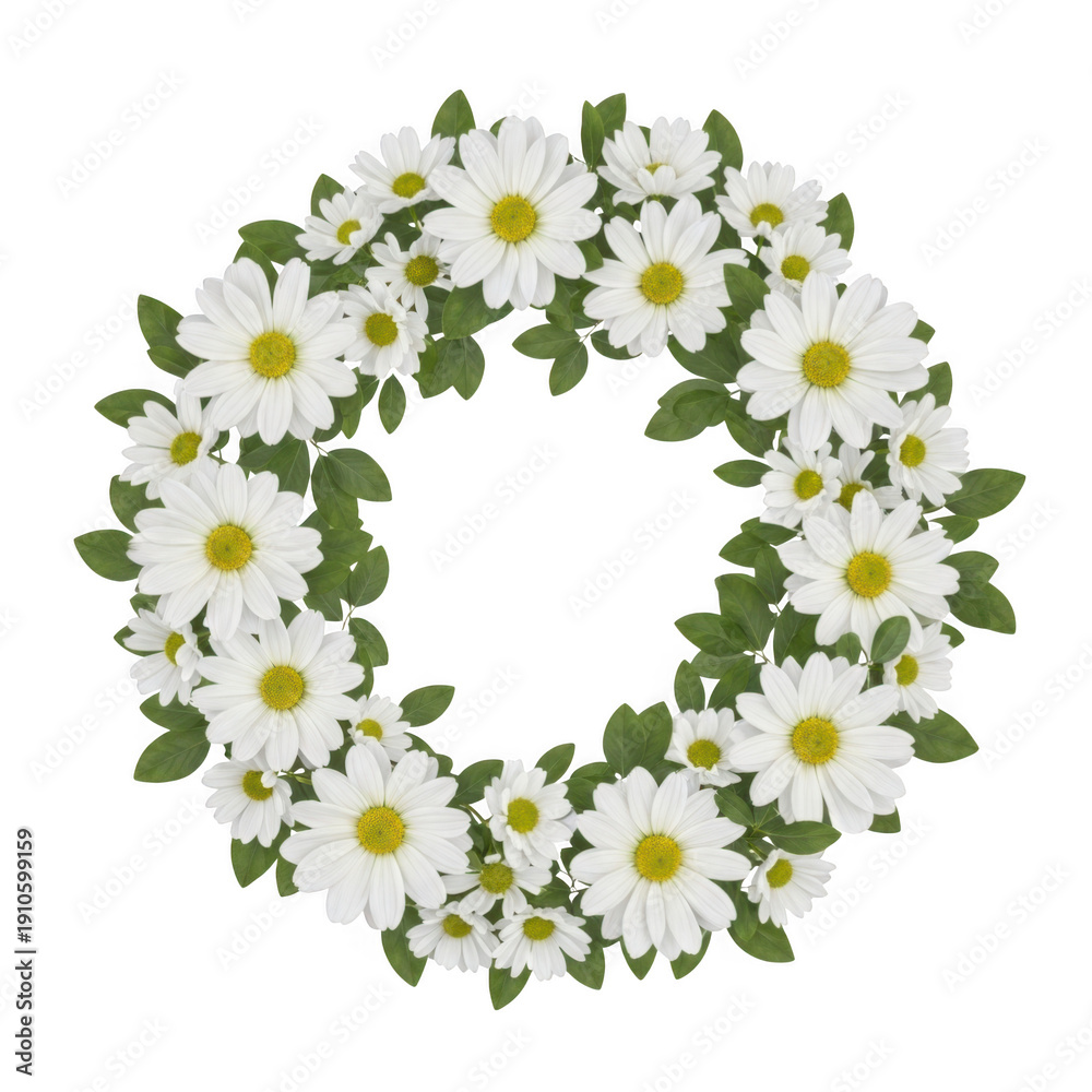 Obraz premium A beautiful floral wreath made of daisies and greenery arranged in a circular pattern. isolated on transparent background