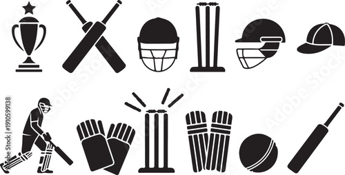 Cricket related icon set. Cricket game vector collection isolated on transparent background. Ball, Bat, gloves, best man, helmet, wicket, cup trophy and cap or more elements. Sports sign for web app