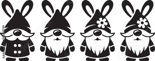 Cute Springtime gnome characters and flowers black silhouette design set. Transparent background. SVG