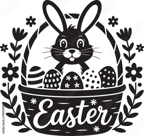 aster basket with bunny and eggs isolated on white background, Vector, illustration