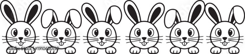 Easter bunny face, rabbit ear with paw, whisker. Doodle hare, black cute line character vector icon isolated on white background. Animal hand drawn illustration
