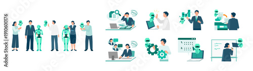 Diverse Office Workers Overcoming Modern Workplace Challenges with Personalized AI Assistants and Smart Digital Support Systems