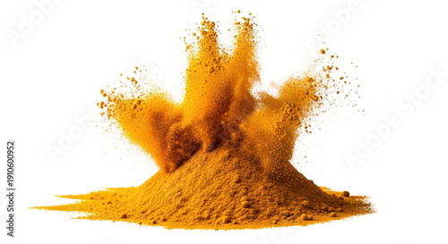 Intense yellow turmeric powder exploding in a dynamic cloud, individual granules scattering against transparent studio background with copy space, high-key lighting, concept of vibrant spice