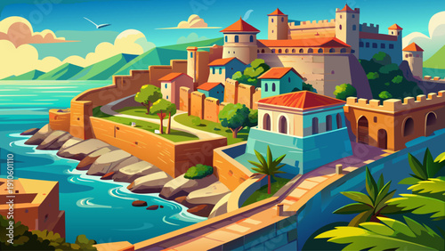 Very beautiful medieval sea-front ramparts of a historic Mediterranean city, with ancient stone walls overlooking turquoise waters and dramatic coastal scenery.
