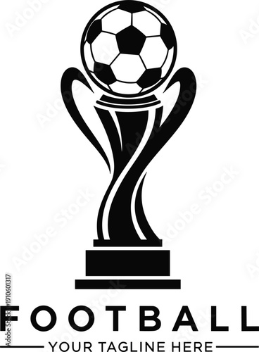 Football trophy vector illustration, soccer award emblem design, sports competition logo, black and white graphic, athletic achievement branding, tournament badge artwork
