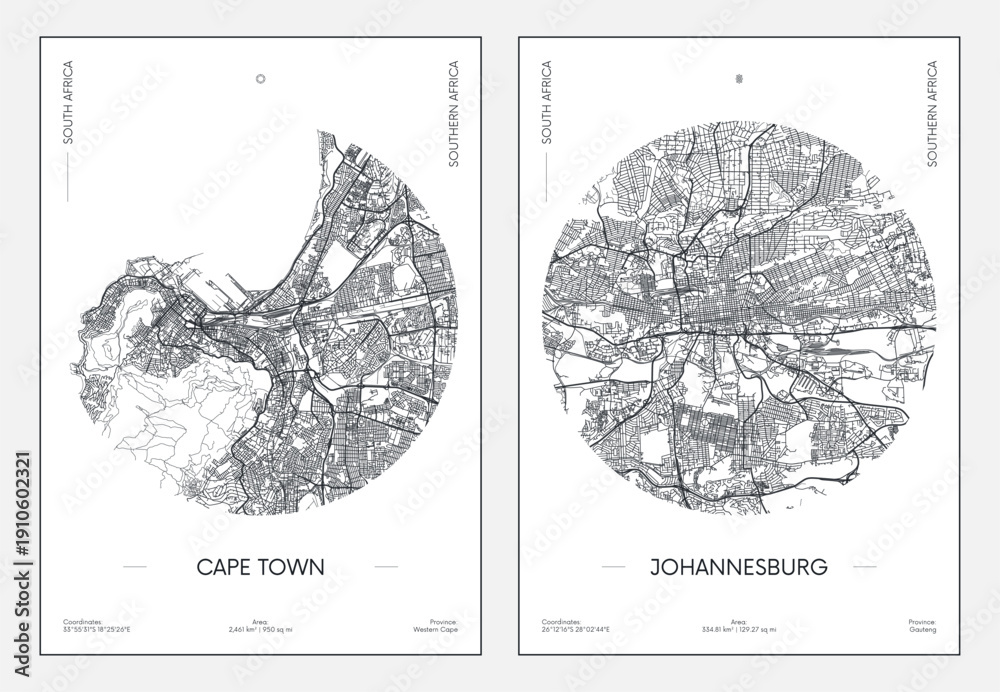 Naklejka premium Urban street plan city map Cape Town and Johannesburg, Travel poster vector illustration