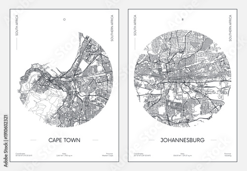 Urban street plan city map Cape Town and Johannesburg, Travel poster vector illustration