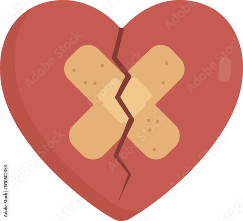 Broken red heart vector with two beige cross bandages, symbol of heartbreak, healing, or recovery, isolated on white