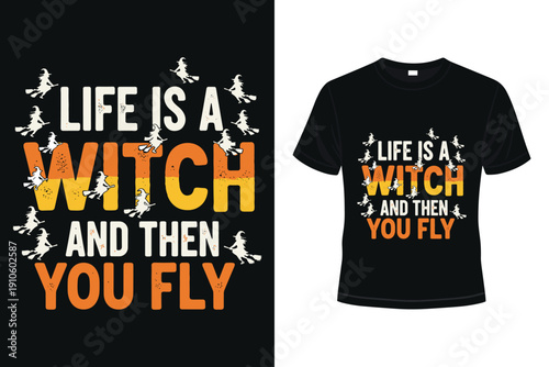 Halloween witch t shirt design with flying witches and candy corn