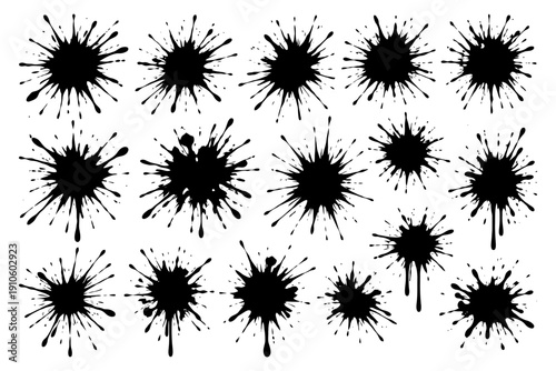 Black ink splatters on white background.