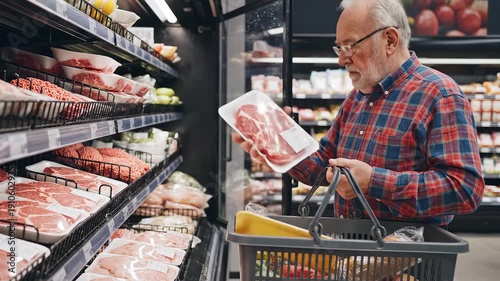 Senior man shopping for meat in grocery store