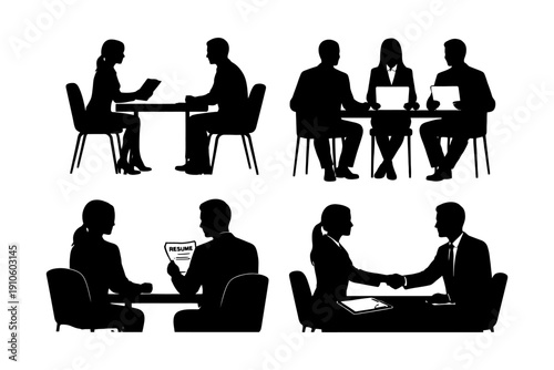 Business meeting silhouettes: interviews and discussions in various settings.