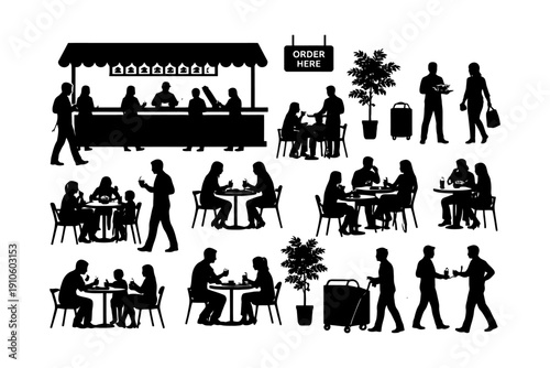 Silhouetted figures dining and interacting at restaurant with diverse activities.