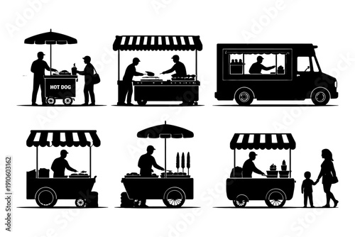 Silhouette of diverse street food vendors and carts in urban setting.