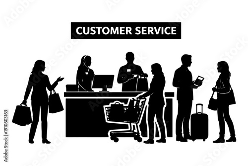 Silhouette of diverse customer service interaction with shoppers at counter.