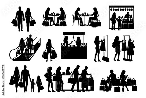 Silhouette shopping scenes: diverse people in various retail activities.