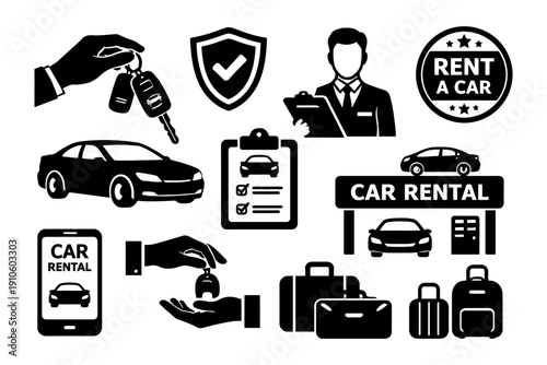 Car rental service icons featuring vehicles keys and luggage.
