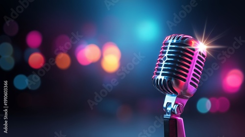 Retro stage microphone with neon lights. Live music performance concept. Karaoke and singing event backdrop. Podcast recording studio banner. Entertainment nightlife promotion.