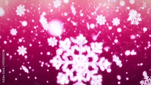 Beautiful pink christmas background with bright snowflakes, sparkling snow flakes
