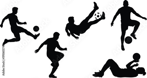 Soccer player silhouettes vector illustration set, dynamic sports action artwork design, athletic competition emblem branding logo, football game motion graphic collection