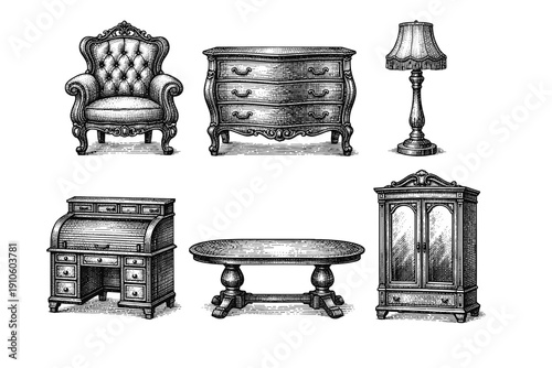 Vintage furniture engraving set, antique interior decor sketches in woodcut style isolated on white