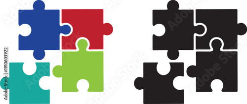 Colorful and black puzzle pieces arranged in a grid demonstrating connection
