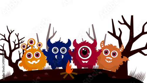 cute colorful monsters sitting around campfire in dark spooky forest at night