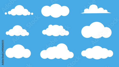 collection of various white fluffy cloud shapes on blue sky weather background