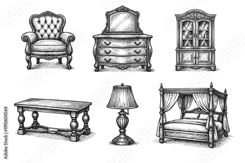 Vintage furniture engraving set, antique interior decor sketches in woodcut style isolated on white