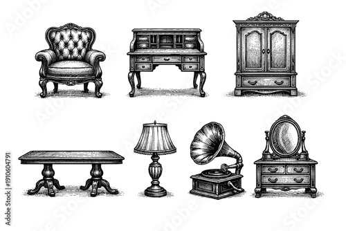 Vintage furniture engraving set, antique interior decor sketches in woodcut style isolated on white