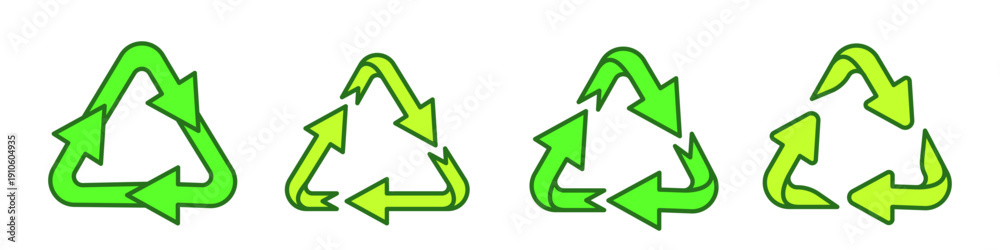 Obraz premium Vector set of illustration of different green arrow recycle icon. Hand drawn doodle style design of line arrow recycle symbol. Eco friendly sign of recycling for sustainable development