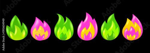 Vector set of illustration of color emoji fire. Collection of glossy red, green and yellow burning flame of fire. 3d style design of bonfire or campfire flame symbol on black background