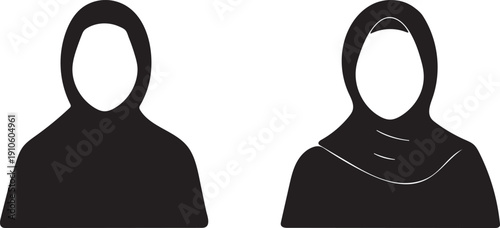 Two minimalist black silhouettes of women wearing hijabs or headscarves